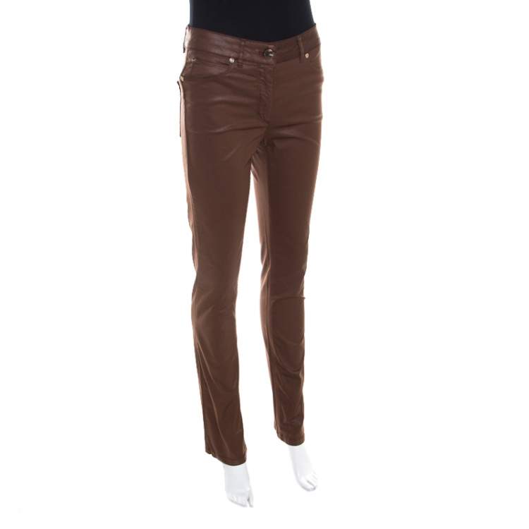 Pre Owned Escada Brown Coated Stretch Denim Straight Leg Jeans XL