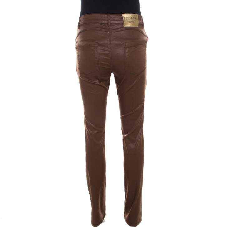 Pre Owned Escada Brown Coated Stretch Denim Straight Leg Jeans XL
