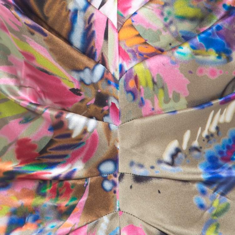 Pre Owned Escada Multicolor Fantasy Print Silk Inverted Pleat Front Dress M