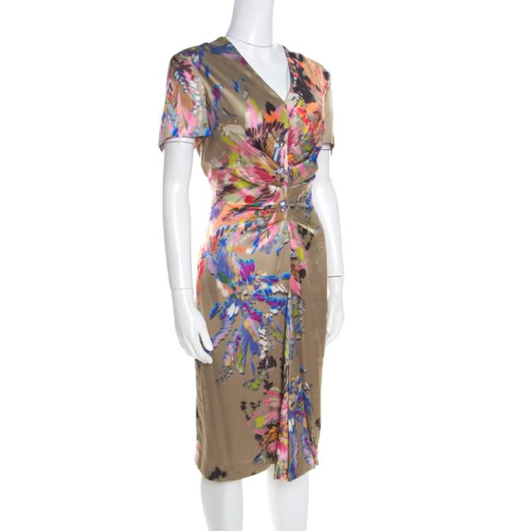 Pre Owned Escada Multicolor Fantasy Print Silk Inverted Pleat Front Dress M