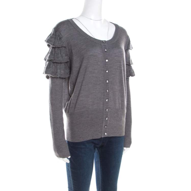 Pre Owned Escada Grey Wool and Mohair Ruffled Sleeve Detail Button Front Cardigan L