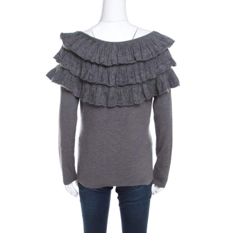 Pre Owned Escada Grey Wool and Mohair Ruffled Bodice Detail Long Sleeve Sweater L