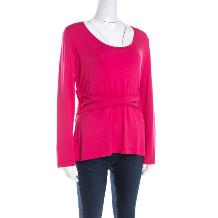 Pre Owned Escada Hot Pink Jersey Paneled Twist Band Detail Scoop Neck Top XXL