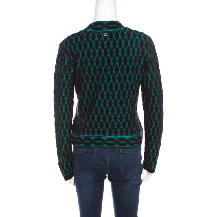 Pre Owned Escada Black and Green Jacquard Knit Open Front Sayakah Cardigan S