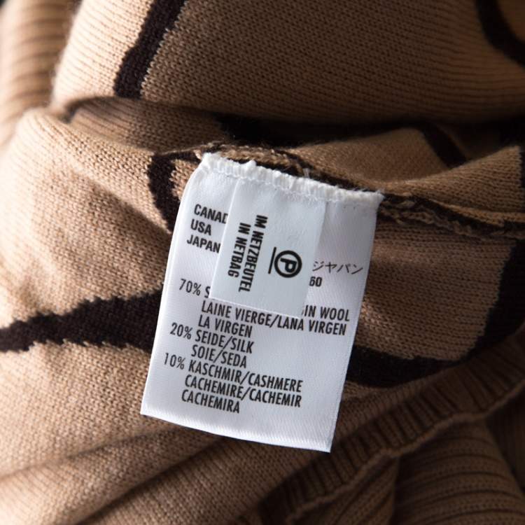 Pre Owned Escada Beige and Brown Giraffe Pattern Wool and Silk Knit Plunge V Neck Sweater L