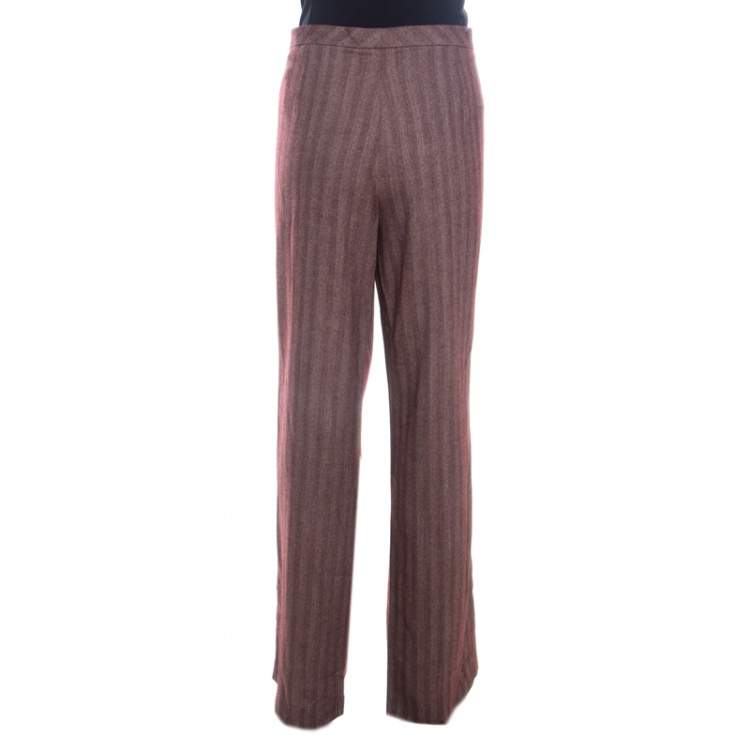 Pre Owned Escada Burgundy Herringbone Weave Wool and Silk High Waist Pants XL
