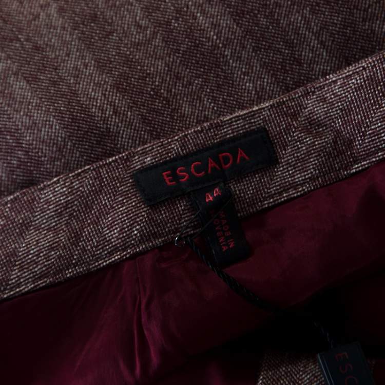 Pre Owned Escada Burgundy Herringbone Weave Wool and Silk High Waist Pants XL