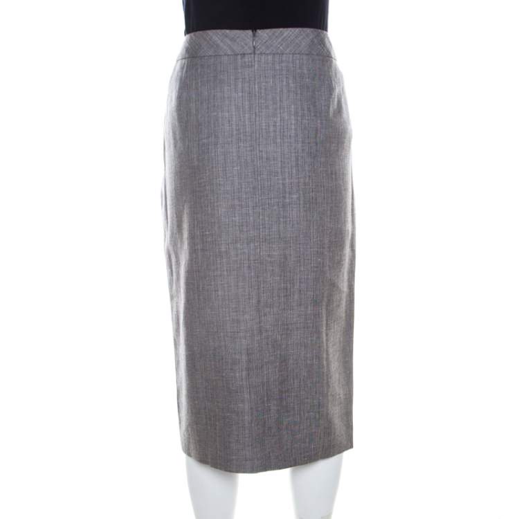 Pre Owned Escada Grey Linen and Wool Blend Front Slit Detail Pencil Skirt L 