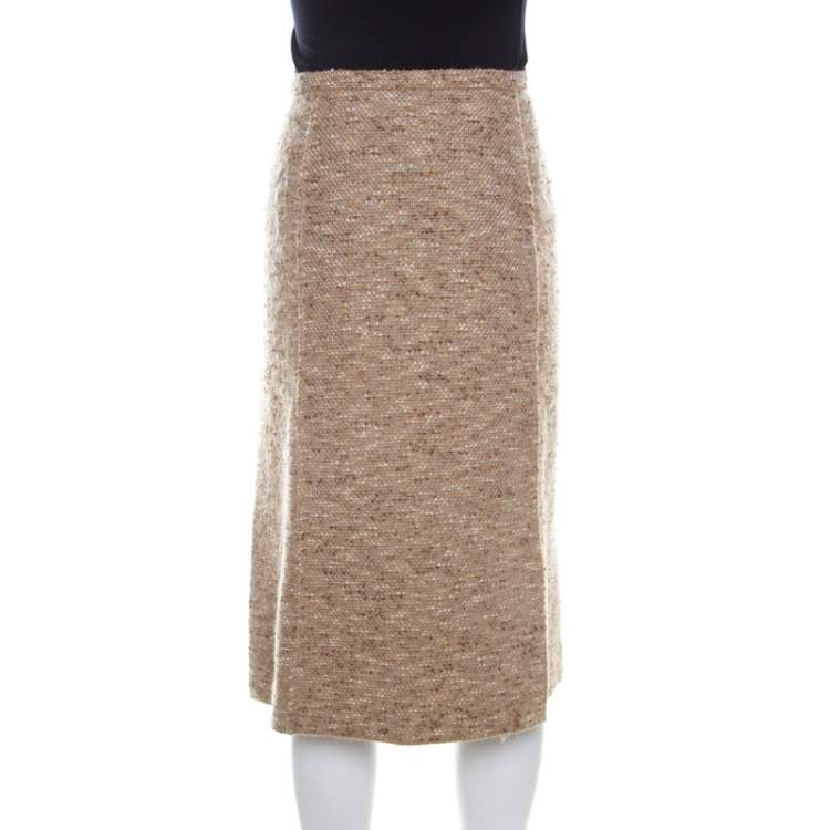 Pre Owned Escada Beige Wool Tweed Paneled A Line Skirt L