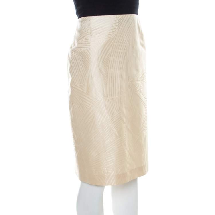 Pre Owned Escada Buttercream Paneled Stripe Print Silk Pencil Skirt M
