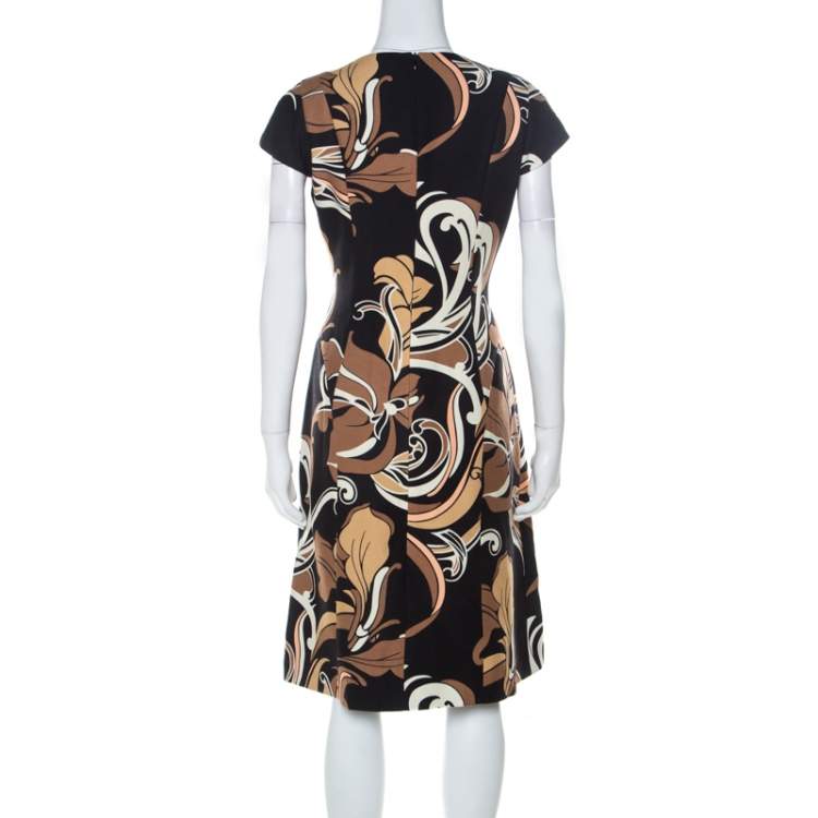 Pre Owned Escada Black and Brown Floral Printed Silk and Wool Blend A Line Dress M 