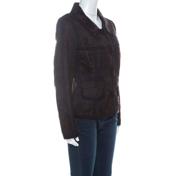 Pre Owned Escada Black and Brown Lace Button Front Jacket L 