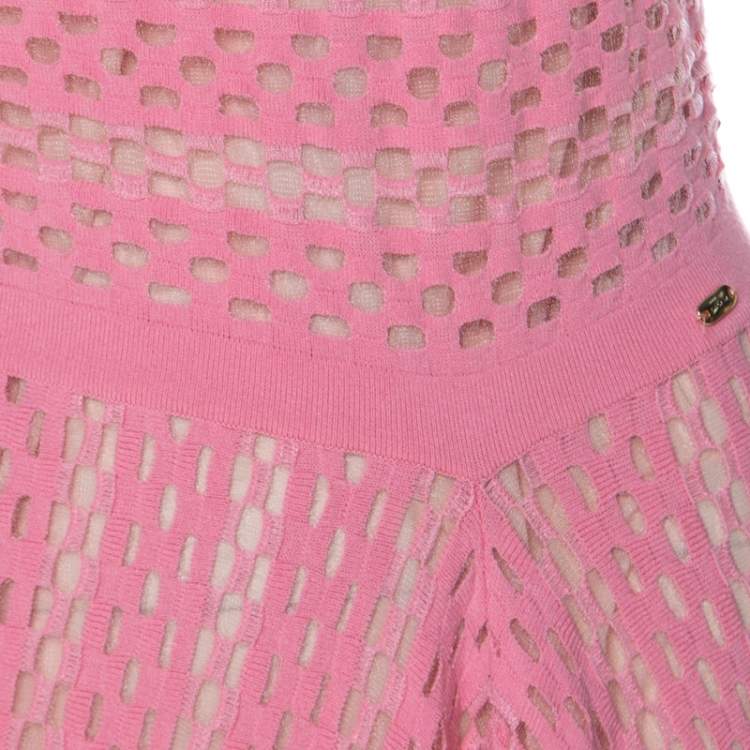 Pre Owned Escada Pink Perforated Knit Asymmetric Hem Sleeveless Dress M 