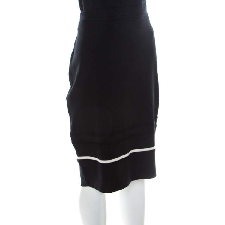Pre Owned Escada Black Contrast Striped Wool Pencil Skirt L 