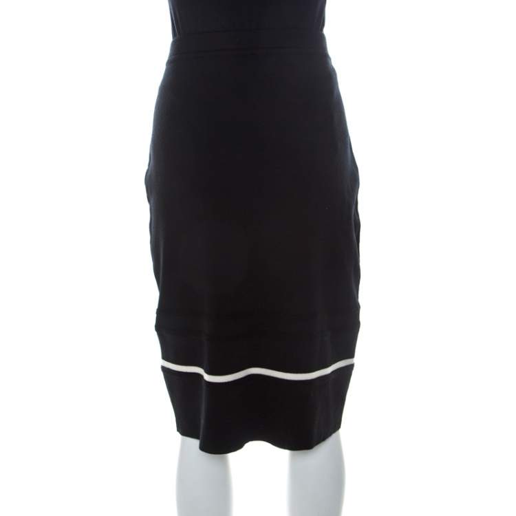 Pre Owned Escada Black Contrast Striped Wool Pencil Skirt L 