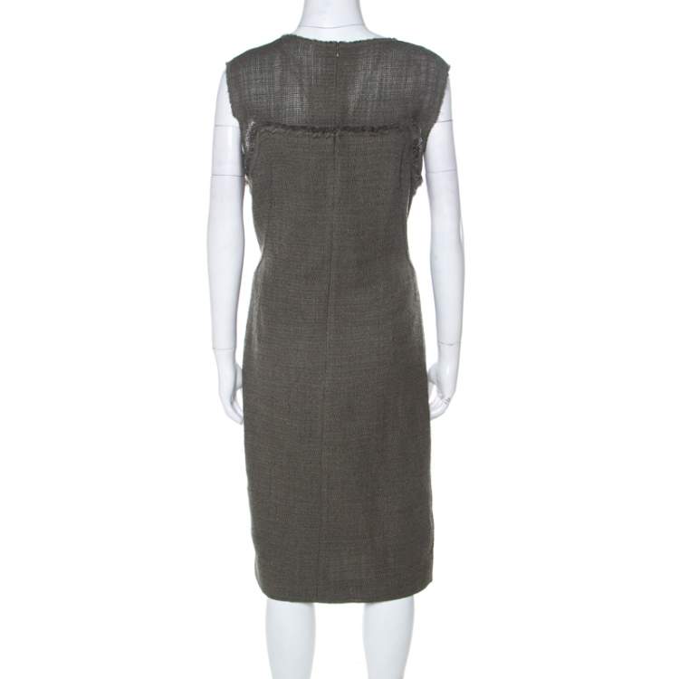 Pre Owned Escada Olive Green Tweed Embellished Delrose Sleeveless Dress M