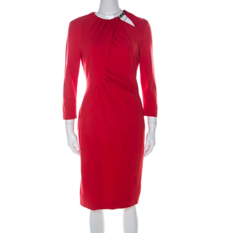 Pre Owned Escada Red Jersey Long Sleeve Dachain Sheath Dress M 