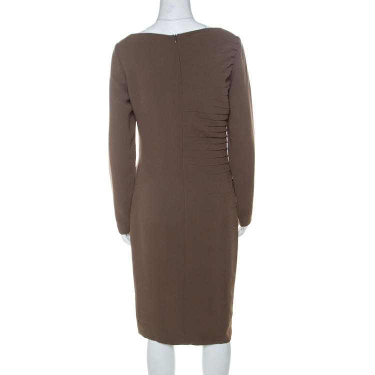 Pre Owned Escada Olive Green Crepe Side Pleated Long Sleeve Shift Dress M 