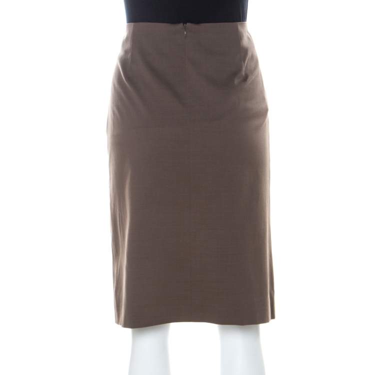 Pre Owned Escada Oak Brown Stretch Wool and Cotton Blend Pencil Skirt L