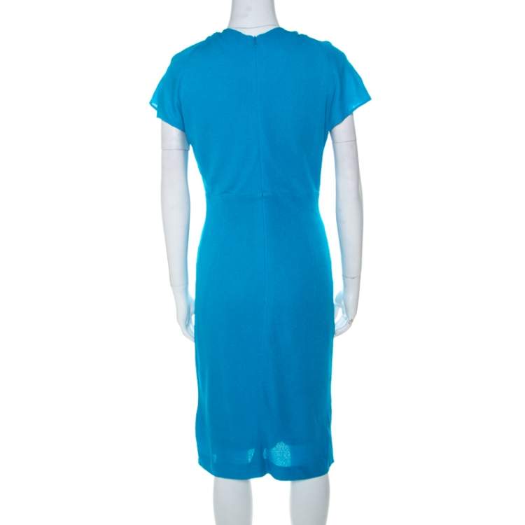 Pre Owned Escada Lagoon Blue Textured Knit Gold Chain Detail Sheath Dress M 