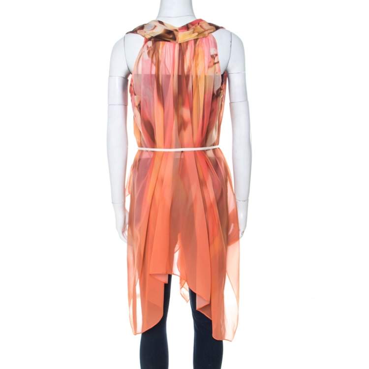 Pre Owned Escada Multicolor Fantasy Print Silk Handkerchief Hem Belted Nilou Blouse M