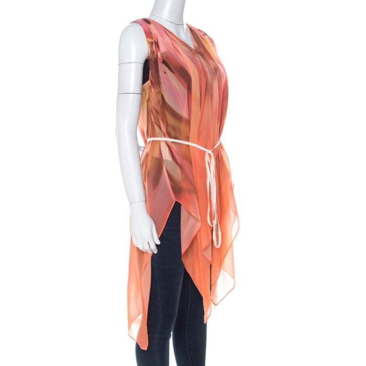 Pre Owned Escada Multicolor Fantasy Print Silk Handkerchief Hem Belted Nilou Blouse M