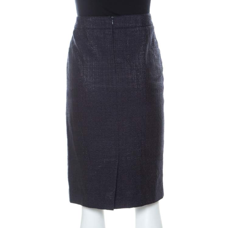 Pre Owned Escada Navy Blue Floral Applique Silk Jacquard Pencil Skirt L 