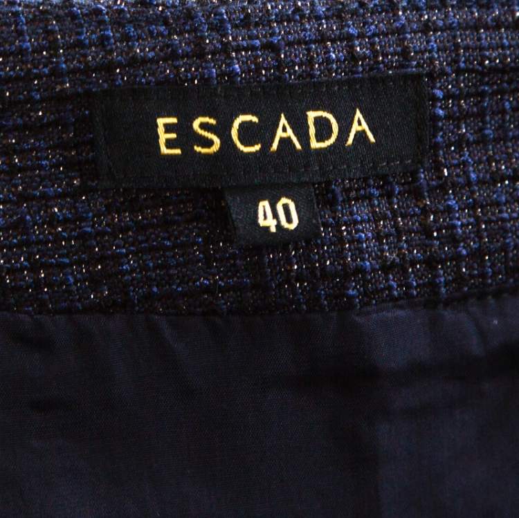 Pre Owned Escada Navy Blue Floral Applique Silk Jacquard Pencil Skirt L 
