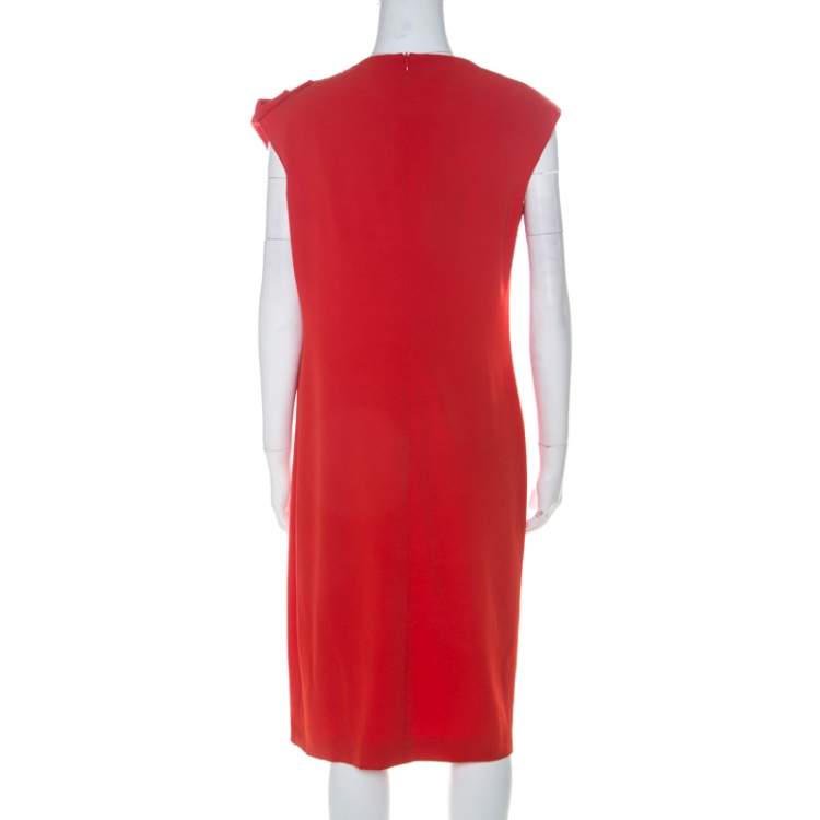 Pre Owned Escada Melon Red Crepe Gathered Fabric O-Ring Detail Cap Sleeve Dress M