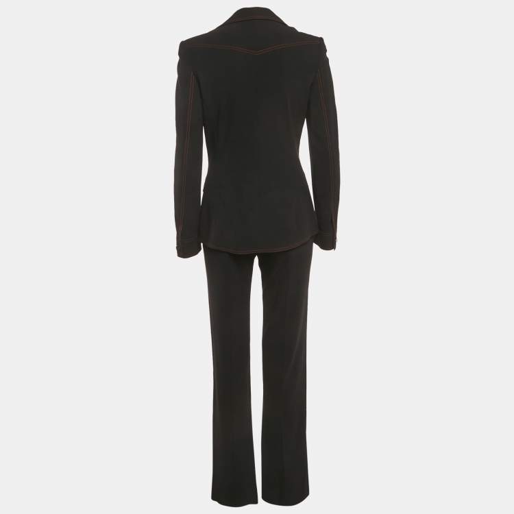 Pre Owned Escada Black & Red Trim Wool Belted Pant Suit S 