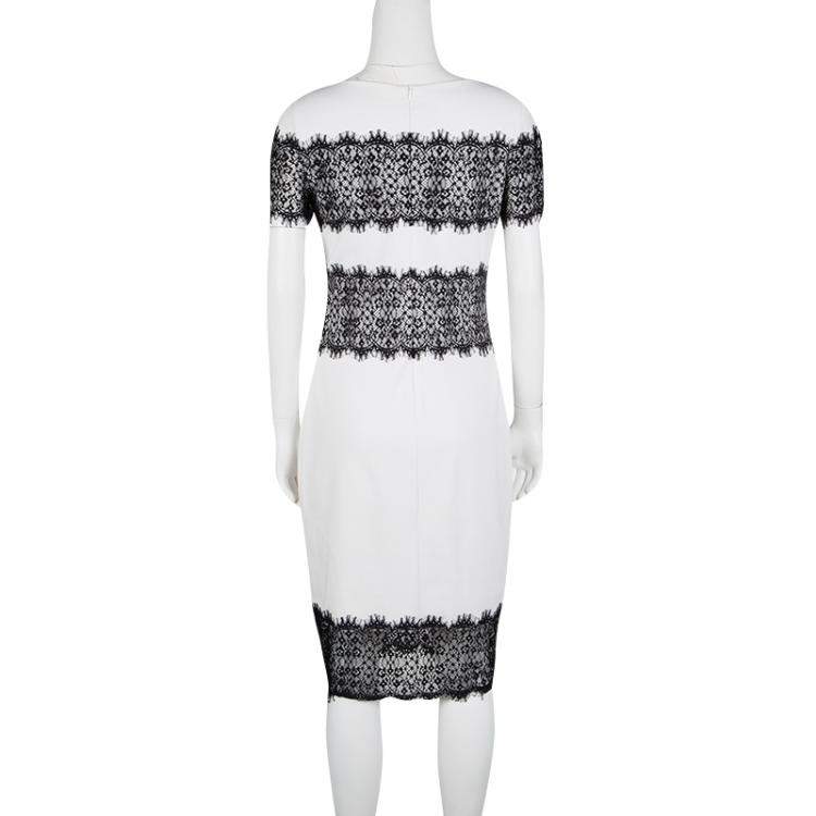 Pre Owned Escada Monochrome Scallop Lace Panel Detail Short Sleeve Dress XS