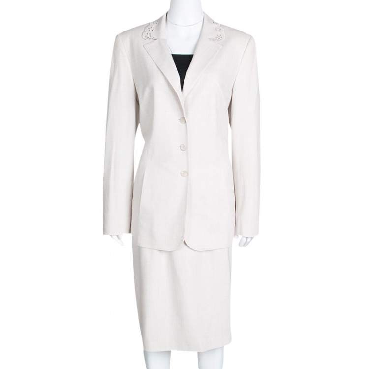 Pre Owned Escada Beige Wool Eyelet Collar Blazer and Skirt Set M