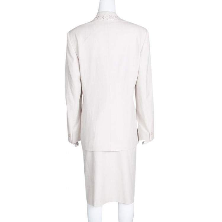 Pre Owned Escada Beige Wool Eyelet Collar Blazer and Skirt Set M