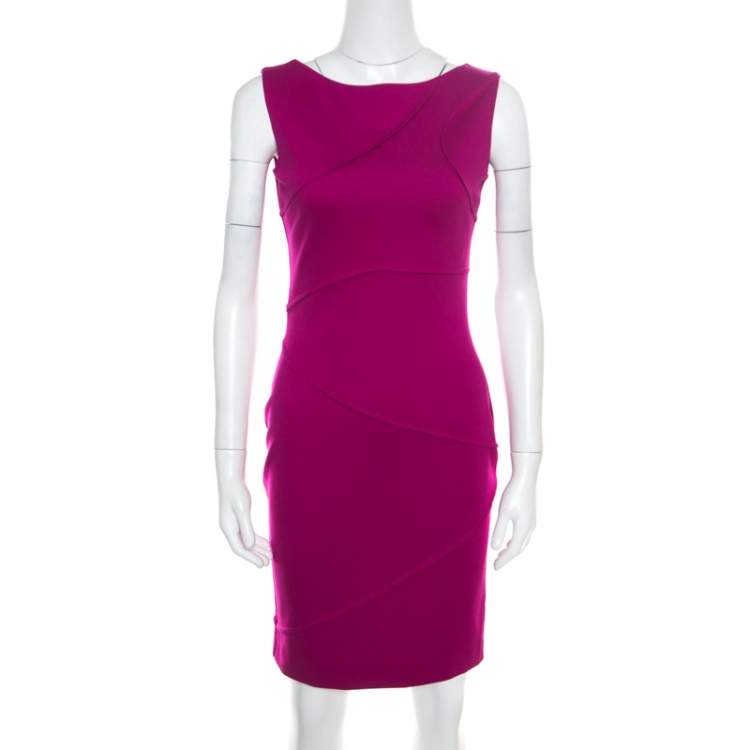 Pre Owned Escada Hot Lava Purple Stretch Knit Pintuck Detail Sleeveless Bodycon Dress S