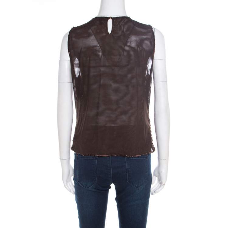 Pre Owned Escada Brown Sequin Embellished Nylon Mesh Sleeveless Top L