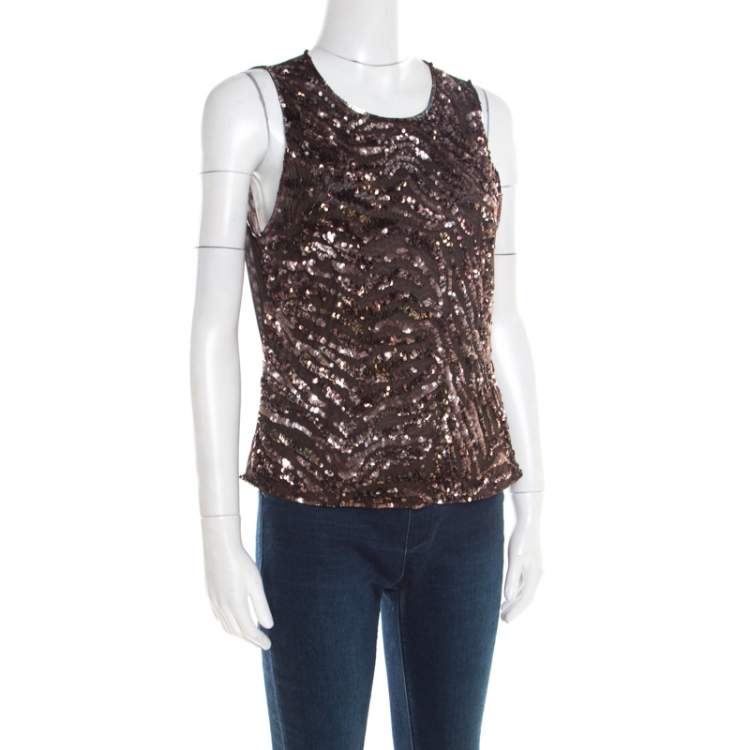 Pre Owned Escada Brown Sequin Embellished Nylon Mesh Sleeveless Top L