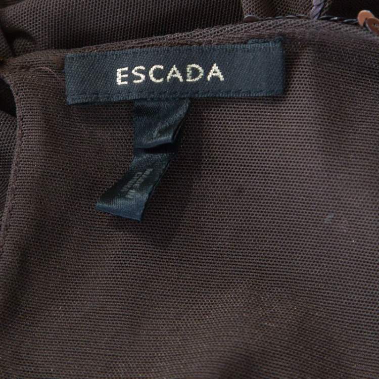 Pre Owned Escada Brown Sequin Embellished Nylon Mesh Sleeveless Top L