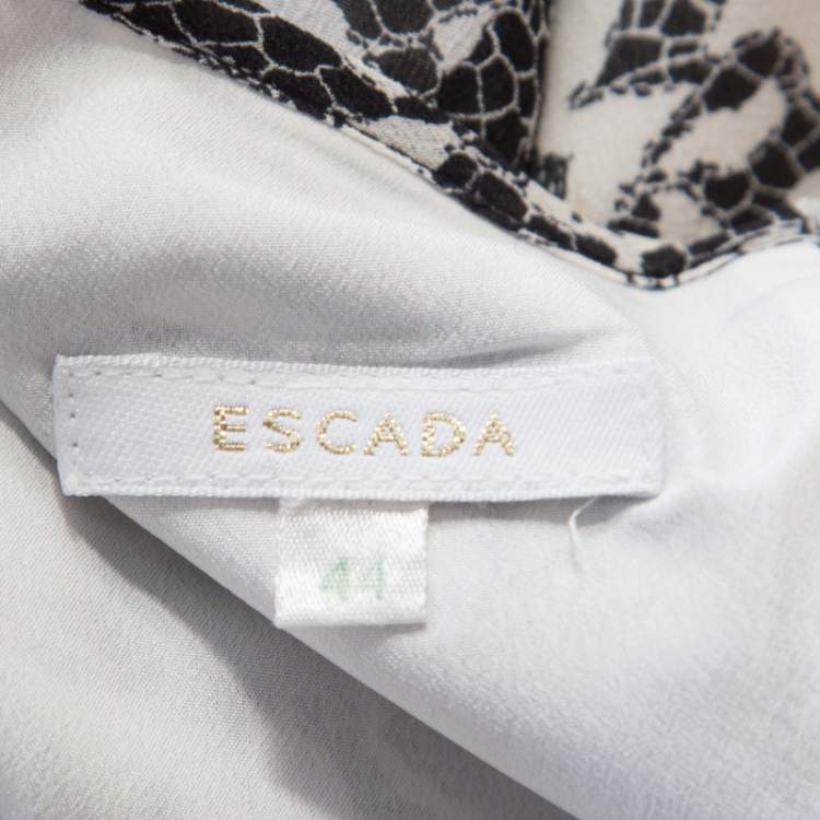 Pre Owned Escada Monochrome Lace Printed Silk Sleeveless Flounce Midi Dress XL