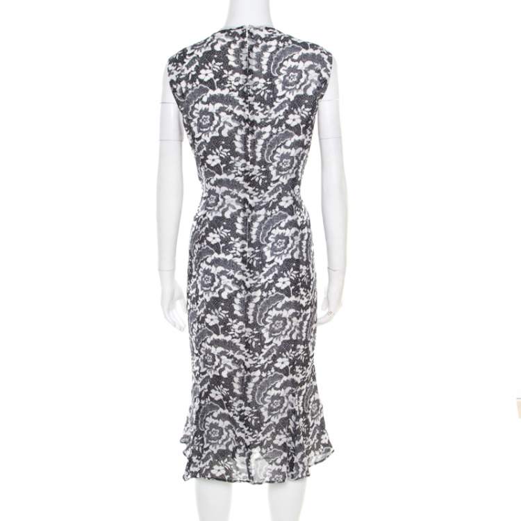 Pre Owned Escada Monochrome Lace Printed Silk Sleeveless Flounce Midi Dress XL