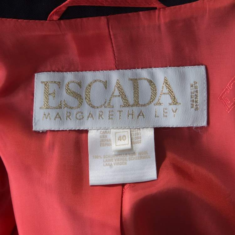 Pre Owned Escada Black Wool Contrast Faux Layered Lapel Logo Button Detail Blazer L