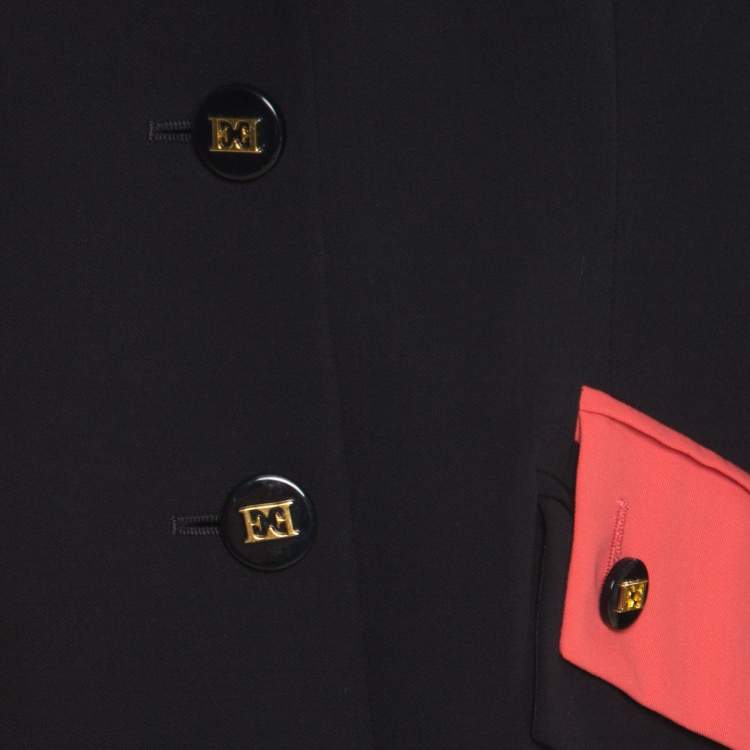 Pre Owned Escada Black Wool Contrast Faux Layered Lapel Logo Button Detail Blazer L