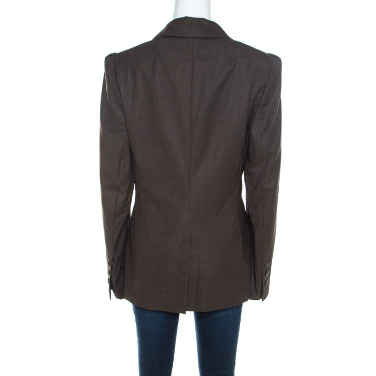 Pre Owned Escada Olive Green Textured Wool and Silk Two Button Blazer L