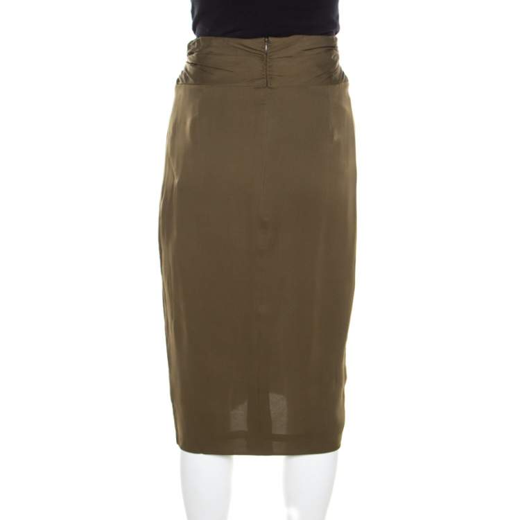 Pre Owned Escada Moss Green Silk Gathered Waistband Pencil Skirt L
