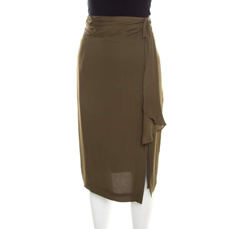 Pre Owned Escada Moss Green Silk Gathered Waistband Pencil Skirt L
