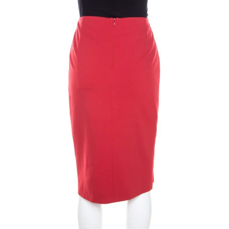 Pre Owned Escada Lacquer Red Stretch Knit Draped Ranani Pencil Skirt M