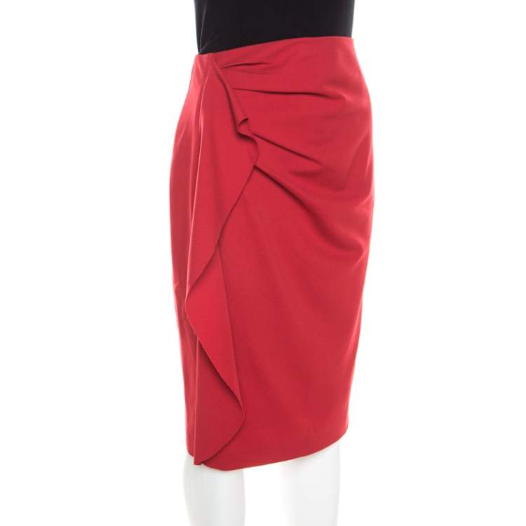 Pre Owned Escada Lacquer Red Stretch Knit Draped Ranani Pencil Skirt M