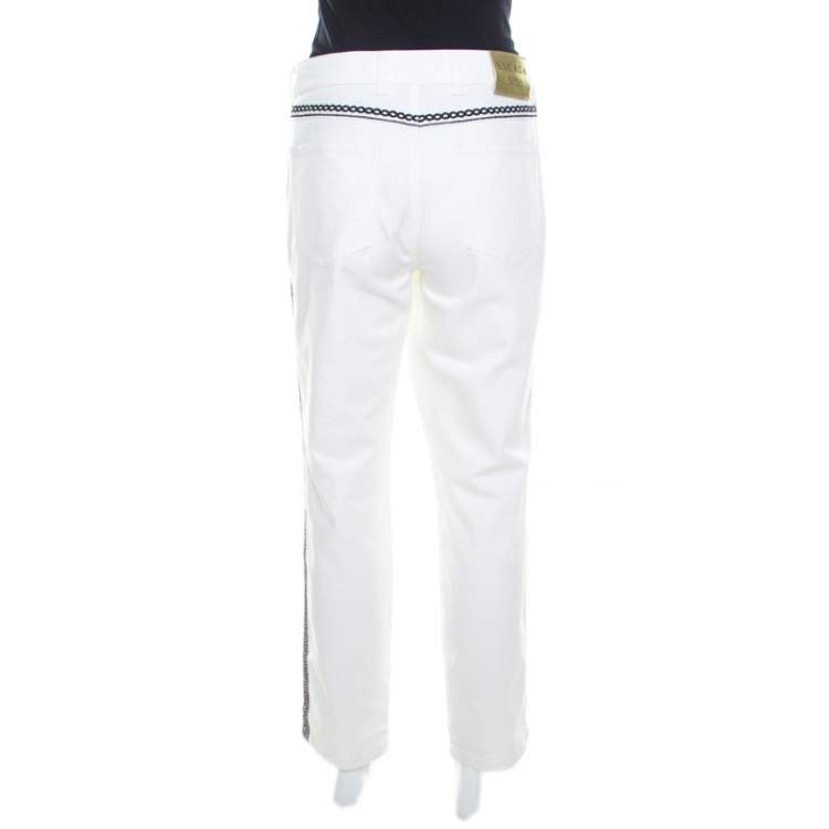 Pre Owned Escada White Contrast Embroidered Denim Straight Fit Jeans L