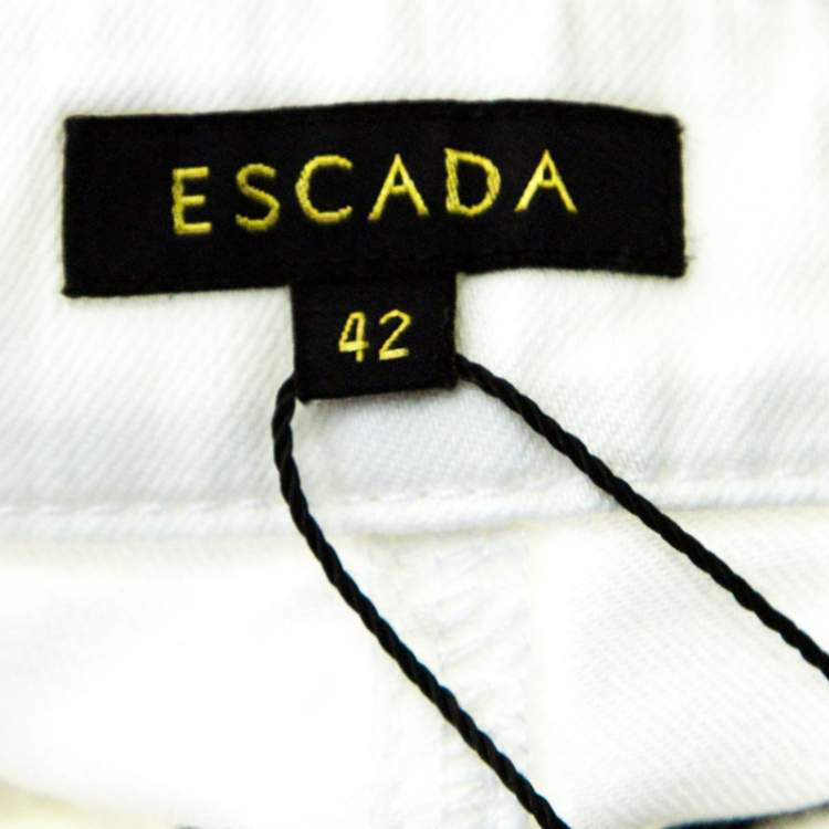 Pre Owned Escada White Contrast Embroidered Denim Straight Fit Jeans L
