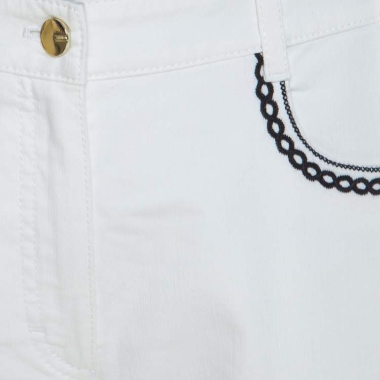 Pre Owned Escada White Contrast Embroidered Denim Straight Fit Jeans L