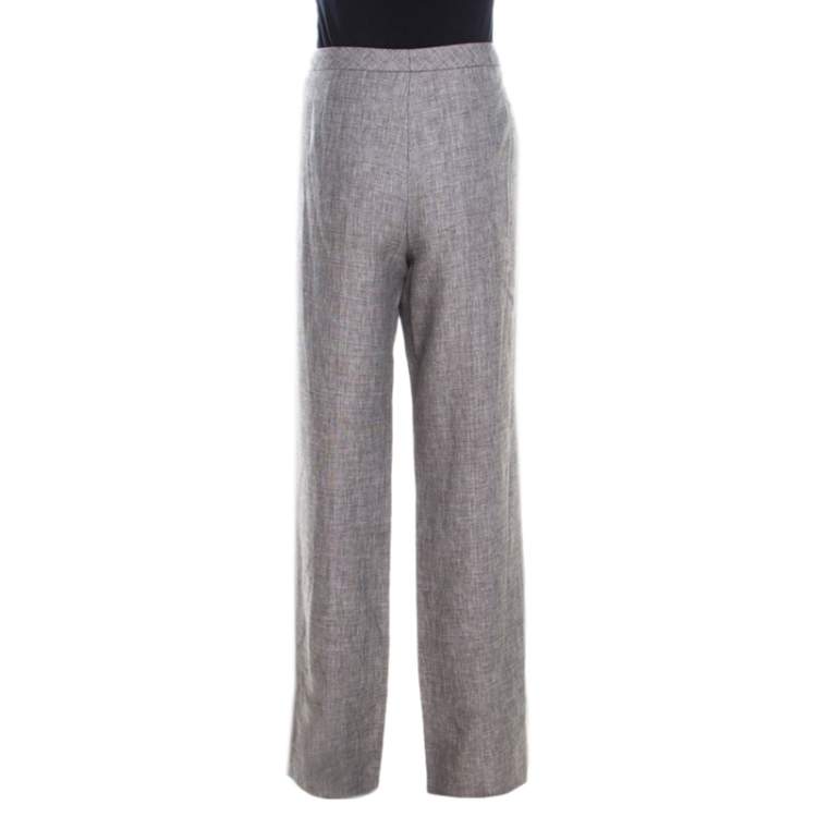 Pre Owned Escada Brown Basketweave Linen and Wool Wide Leg Hose Trousers XL